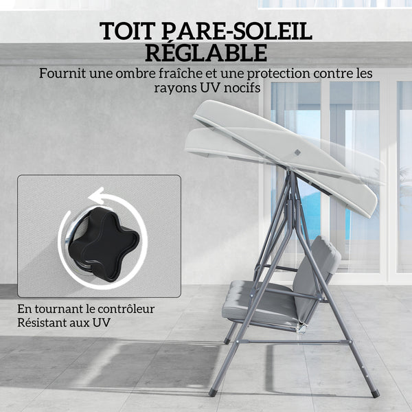 Balancelle de Jardin 3 Places Grand Confort Toit Inclinaison réglable épais Coussins Amovibles Polyester Acier époxy gris clair