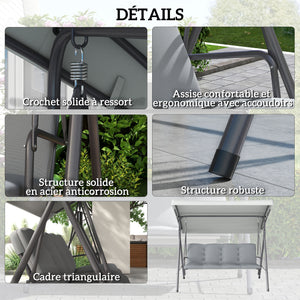 Balancelle de Jardin 3 Places Grand Confort Toit Inclinaison réglable épais Coussins Amovibles Polyester Acier époxy gris clair