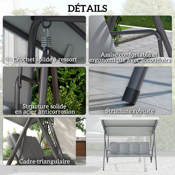 Balancelle de Jardin 3 Places Grand Confort Toit Inclinaison réglable épais Coussins Amovibles Polyester Acier époxy gris clair