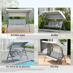 Balancelle de Jardin 3 Places Grand Confort Toit Inclinaison réglable épais Coussins Amovibles Polyester Acier époxy gris clair