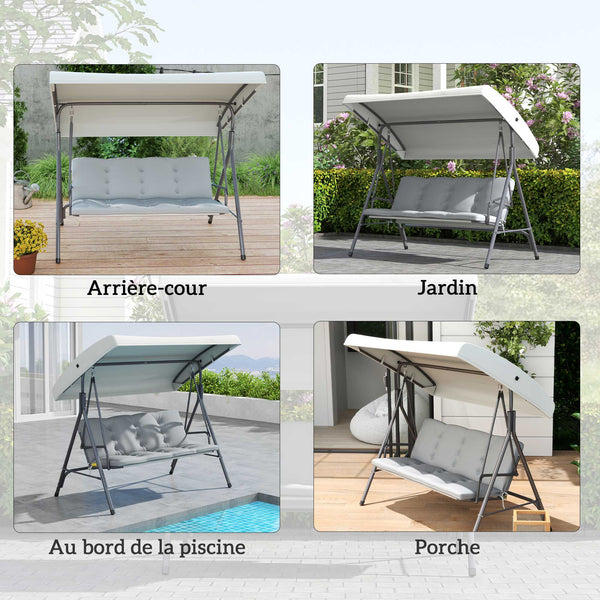 Balancelle de Jardin 3 Places Grand Confort Toit Inclinaison réglable épais Coussins Amovibles Polyester Acier époxy gris clair