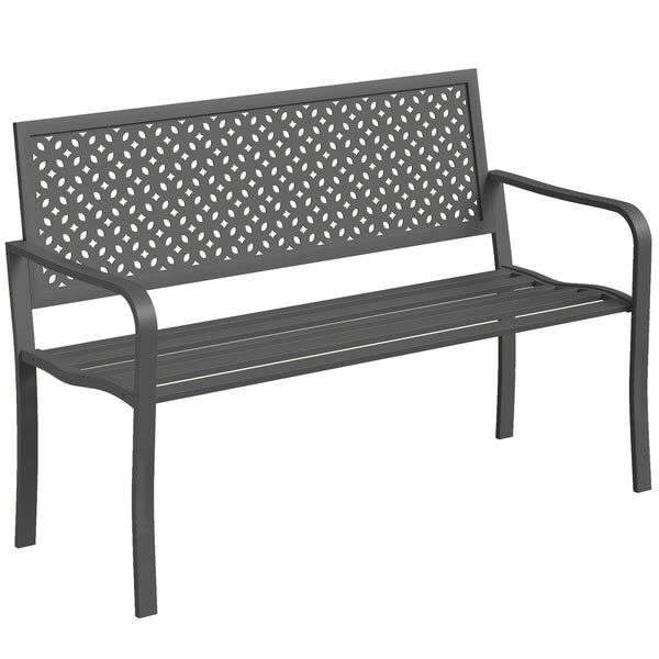 Banc d'extérieur en métal , banc 2 places avec dossier géométrique antirouille et accoudoirs, siège de patio pour balcon, terrasse, parc, gris foncé