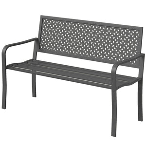 Banc d'extérieur en métal , banc 2 places avec dossier géométrique antirouille et accoudoirs, siège de patio pour balcon, terrasse, parc, gris foncé