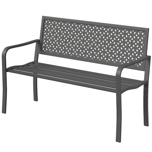 Banc d'extérieur en métal , banc 2 places avec dossier géométrique antirouille et accoudoirs, siège de patio pour balcon, terrasse, parc, gris foncé