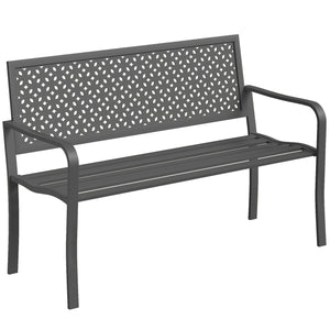 Banc d'extérieur en métal , banc 2 places avec dossier géométrique antirouille et accoudoirs, siège de patio pour balcon, terrasse, parc, gris foncé