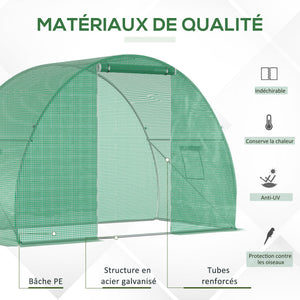 Serre de Jardin Tunnel serre d'hivernage Surface Sol 4,5 m² dim. 3L x 1,5l x 2H m châssis Tubulaire renforcé Porte zippée 2 fenêtres enroulables Vert