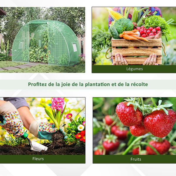 Serre de Jardin Tunnel serre d'hivernage Surface Sol 4,5 m² dim. 3L x 1,5l x 2H m châssis Tubulaire renforcé Porte zippée 2 fenêtres enroulables Vert