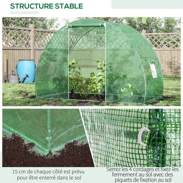 Serre de Jardin Tunnel serre d'hivernage Surface Sol 4,5 m² dim. 3L x 1,5l x 2H m châssis Tubulaire renforcé Porte zippée 2 fenêtres enroulables Vert