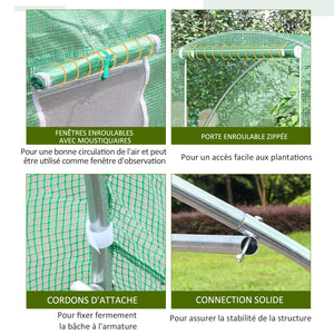 Serre de Jardin Tunnel serre d'hivernage Surface Sol 4,5 m² dim. 3L x 1,5l x 2H m châssis Tubulaire renforcé Porte zippée 2 fenêtres enroulables Vert