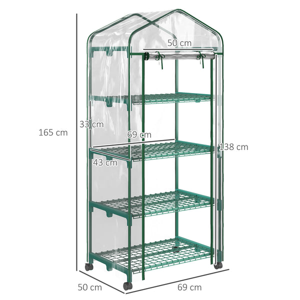 Serre de jardin avec étagères 4 niveaux, serre de balcon, bâche renforcée, châssis en acier, porte zippée, pour légumes plantes fleurs, intérieur et extérieur, 69 x 50 x 165 cm, transparent