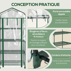 Serre de jardin avec étagères 4 niveaux, serre de balcon, bâche renforcée, châssis en acier, porte zippée, pour légumes plantes fleurs, intérieur et extérieur, 69 x 50 x 165 cm, transparent