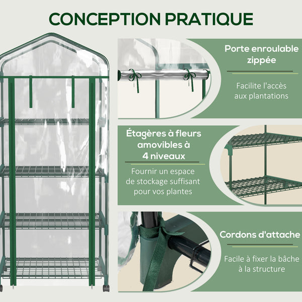 Serre de jardin avec étagères 4 niveaux, serre de balcon, bâche renforcée, châssis en acier, porte zippée, pour légumes plantes fleurs, intérieur et extérieur, 69 x 50 x 165 cm, transparent