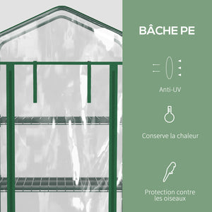 Serre de jardin avec étagères 4 niveaux, serre de balcon, bâche renforcée, châssis en acier, porte zippée, pour légumes plantes fleurs, intérieur et extérieur, 69 x 50 x 165 cm, transparent