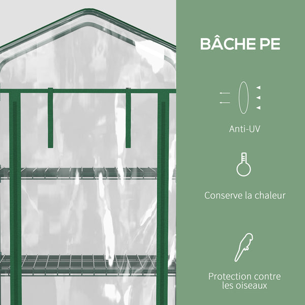 Serre de jardin avec étagères 4 niveaux, serre de balcon, bâche renforcée, châssis en acier, porte zippée, pour légumes plantes fleurs, intérieur et extérieur, 69 x 50 x 165 cm, transparent