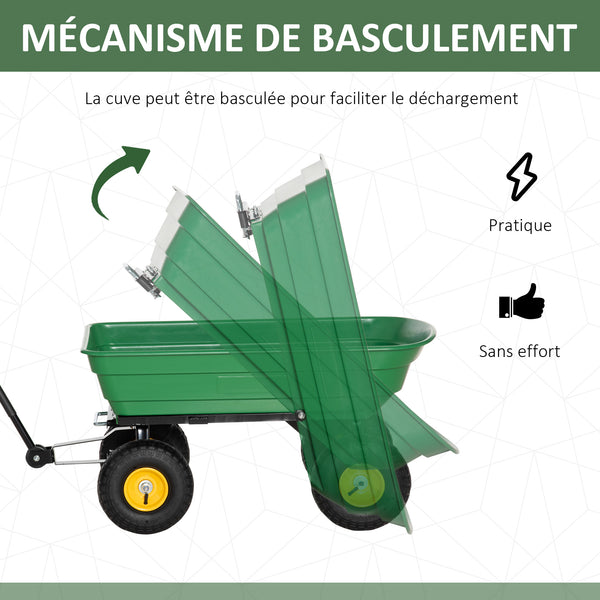 Chariot de Jardin à Main Benne basculante 75° 75L Charge Max. 200 Kg 4 Roues pneumatiques Acier PP Jaune Vert