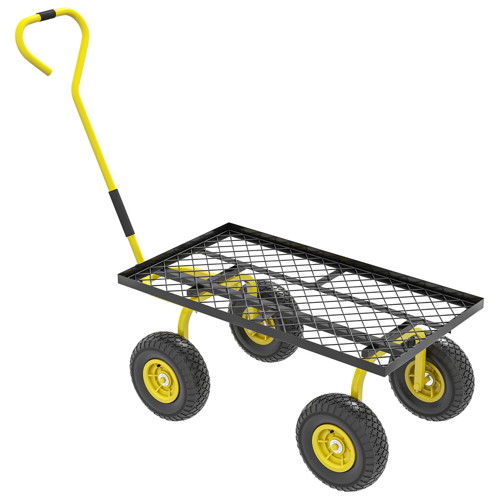 Chariot de transport jardin remorque à main charrette à bras 4 roues 94L x 48,5l x 100H cm charge max. 150 Kg métal jaune