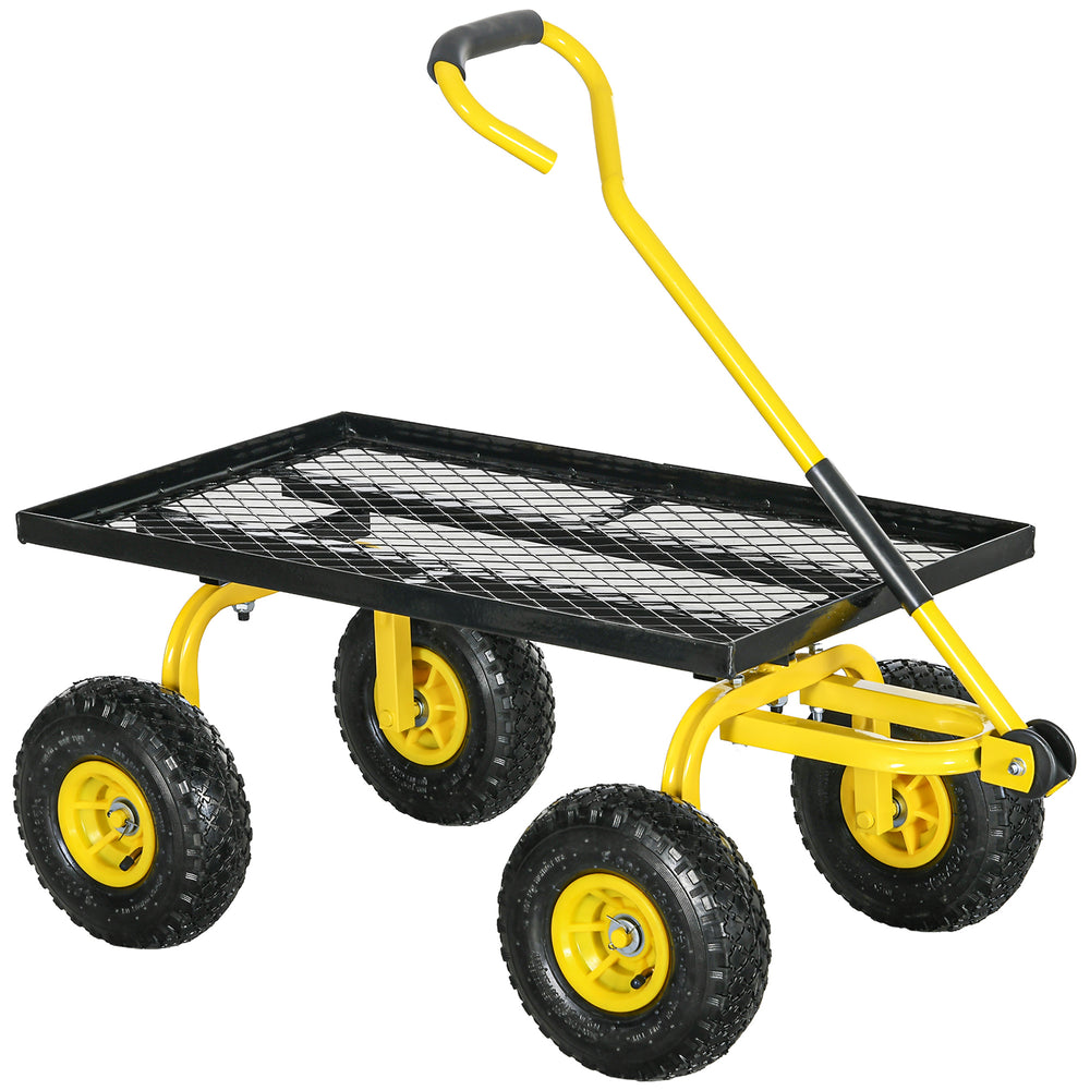 Chariot de transport jardin remorque à main charrette à bras 4 roues 94L x 48,5l x 100H cm charge max. 150 Kg métal jaune