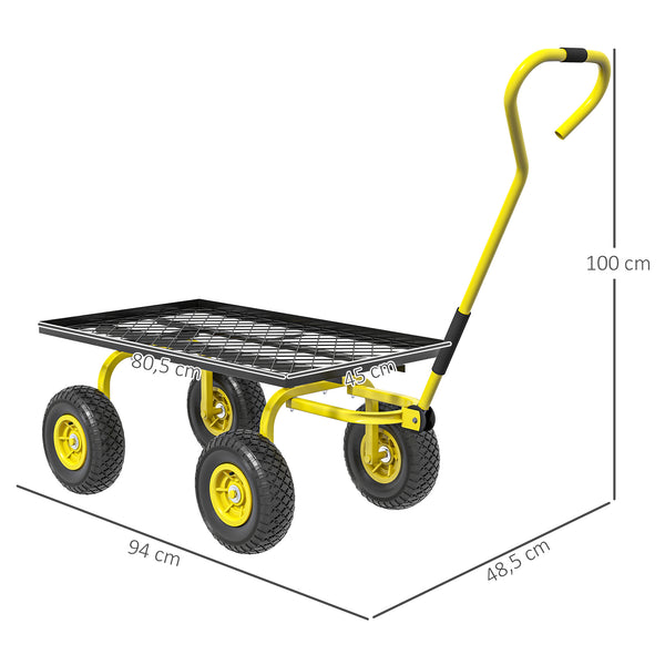 Chariot de transport jardin remorque à main charrette à bras 4 roues 94L x 48,5l x 100H cm charge max. 150 Kg métal jaune