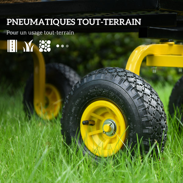 Chariot de transport jardin remorque à main charrette à bras 4 roues 94L x 48,5l x 100H cm charge max. 150 Kg métal jaune