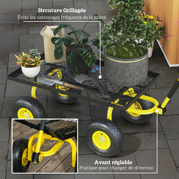 Chariot de transport jardin remorque à main charrette à bras 4 roues 94L x 48,5l x 100H cm charge max. 150 Kg métal jaune