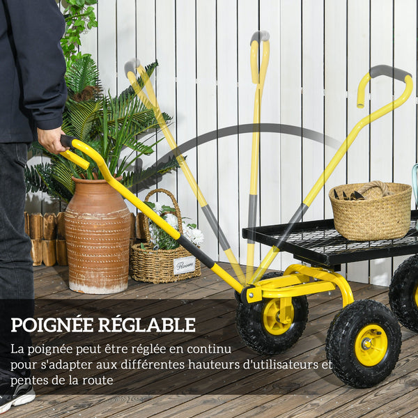 Chariot de transport jardin remorque à main charrette à bras 4 roues 94L x 48,5l x 100H cm charge max. 150 Kg métal jaune