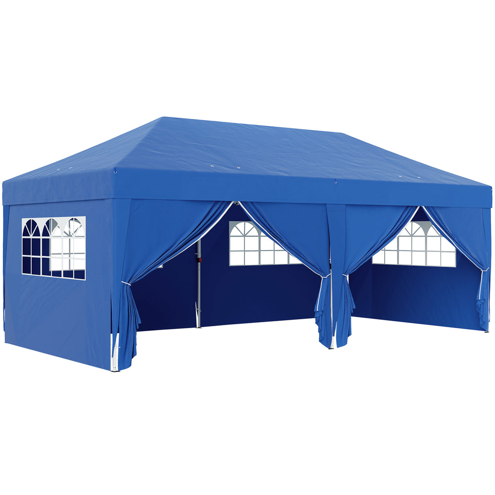 Tonnelle de jardin exterieur tonnelle pliante 3 x 6 m pop-up avec 6 parois latérales, trous de drainage, sac de transport inclus, barnum pliant pour camping festival mariage, bleu