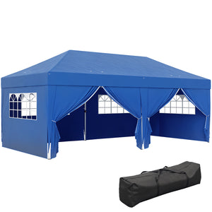 Tonnelle de jardin exterieur tonnelle pliante 3 x 6 m pop-up avec 6 parois latérales, trous de drainage, sac de transport inclus, barnum pliant pour camping festival mariage, bleu