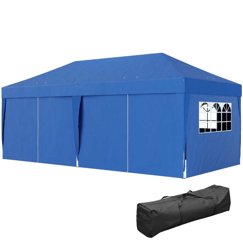 Tonnelle de jardin exterieur tonnelle pliante 3 x 6 m pop-up avec 6 parois latérales, trous de drainage, sac de transport inclus, barnum pliant pour camping festival mariage, bleu