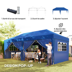 Tonnelle de jardin exterieur tonnelle pliante 3 x 6 m pop-up avec 6 parois latérales, trous de drainage, sac de transport inclus, barnum pliant pour camping festival mariage, bleu