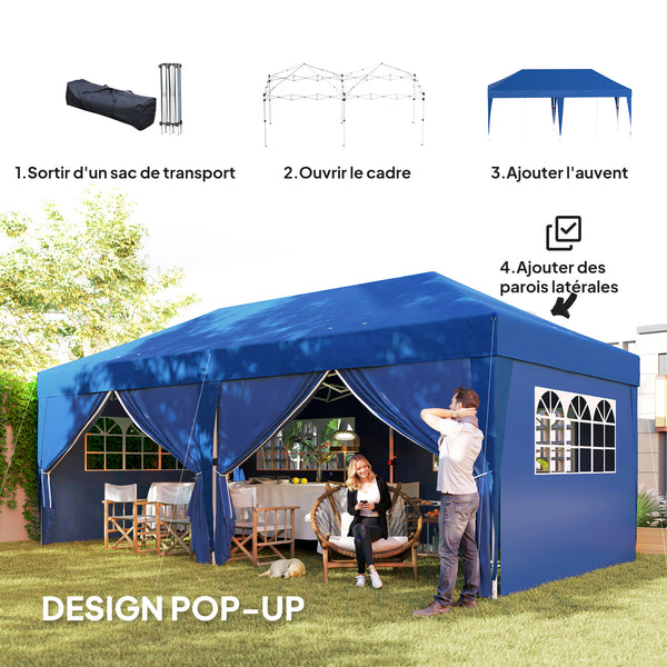 Tonnelle de jardin exterieur tonnelle pliante 3 x 6 m pop-up avec 6 parois latérales, trous de drainage, sac de transport inclus, barnum pliant pour camping festival mariage, bleu