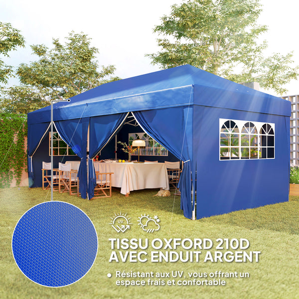 Tonnelle de jardin exterieur tonnelle pliante 3 x 6 m pop-up avec 6 parois latérales, trous de drainage, sac de transport inclus, barnum pliant pour camping festival mariage, bleu