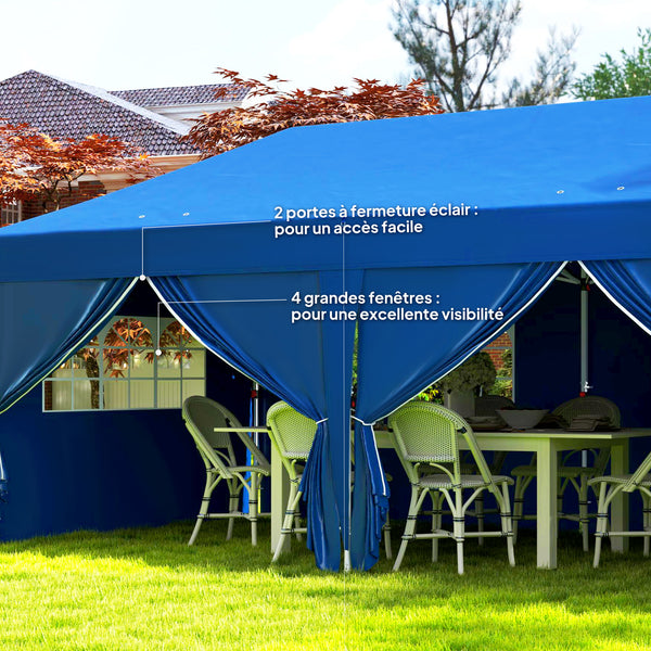 Tonnelle de jardin exterieur tonnelle pliante 3 x 6 m pop-up avec 6 parois latérales, trous de drainage, sac de transport inclus, barnum pliant pour camping festival mariage, bleu