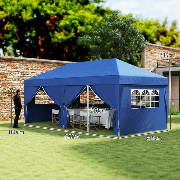 Tonnelle de jardin exterieur tonnelle pliante 3 x 6 m pop-up avec 6 parois latérales, trous de drainage, sac de transport inclus, barnum pliant pour camping festival mariage, bleu