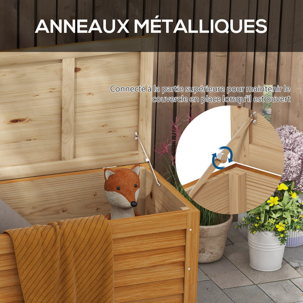 Coffre de rangement extérieur jardin 176L en bois avec poignée, dim. 130L x 50l x 45H cm