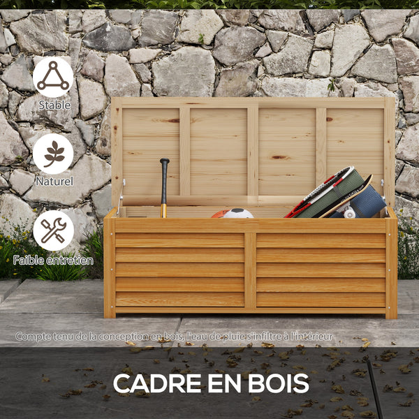 Coffre de rangement extérieur jardin 176L en bois avec poignée, dim. 130L x 50l x 45H cm