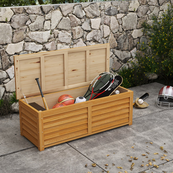 Coffre de rangement extérieur jardin 176L en bois avec poignée, dim. 130L x 50l x 45H cm