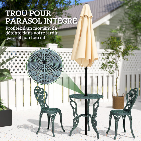 Ensemble Salon de Jardin 2 Places 2 chaises + Table Ronde Style néo-rétro Motif Rose Lignes fuselées Fonte d'aluminium Vert Vieilli