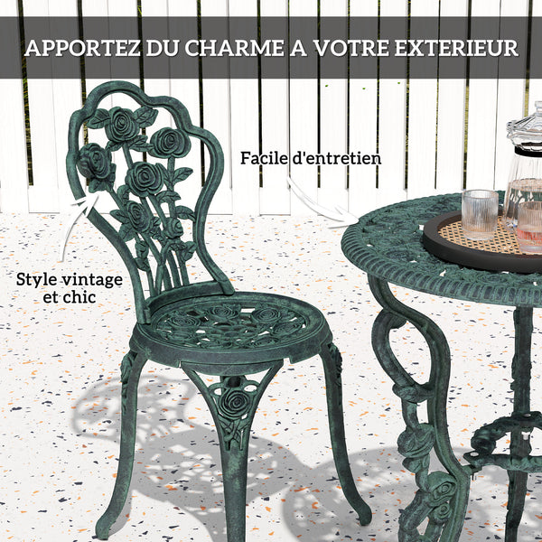 Ensemble Salon de Jardin 2 Places 2 chaises + Table Ronde Style néo-rétro Motif Rose Lignes fuselées Fonte d'aluminium Vert Vieilli