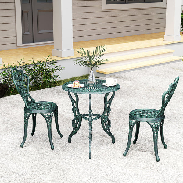 Ensemble Salon de Jardin 2 Places 2 chaises + Table Ronde Style néo-rétro Motif Rose Lignes fuselées Fonte d'aluminium Vert Vieilli