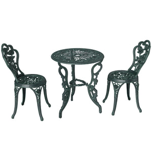 Ensemble Salon de Jardin 2 Places 2 chaises + Table Ronde Style néo-rétro Motif Rose Lignes fuselées Fonte d'aluminium Vert Vieilli