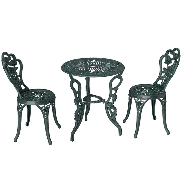 Ensemble Salon de Jardin 2 Places 2 chaises + Table Ronde Style néo-rétro Motif Rose Lignes fuselées Fonte d'aluminium Vert Vieilli