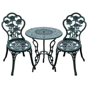 Ensemble Salon de Jardin 2 Places 2 chaises + Table Ronde Style néo-rétro Motif Rose Lignes fuselées Fonte d'aluminium Vert Vieilli