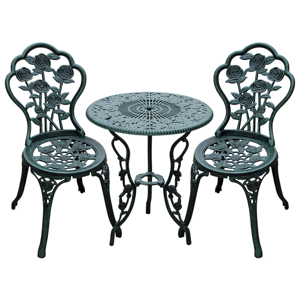 Ensemble Salon de Jardin 2 Places 2 chaises + Table Ronde Style néo-rétro Motif Rose Lignes fuselées Fonte d'aluminium Vert Vieilli