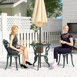 Ensemble Salon de Jardin 2 Places 2 chaises + Table Ronde Style néo-rétro Motif Rose Lignes fuselées Fonte d'aluminium Vert Vieilli