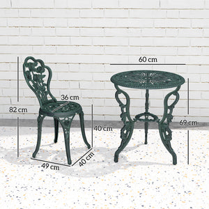Ensemble Salon de Jardin 2 Places 2 chaises + Table Ronde Style néo-rétro Motif Rose Lignes fuselées Fonte d'aluminium Vert Vieilli