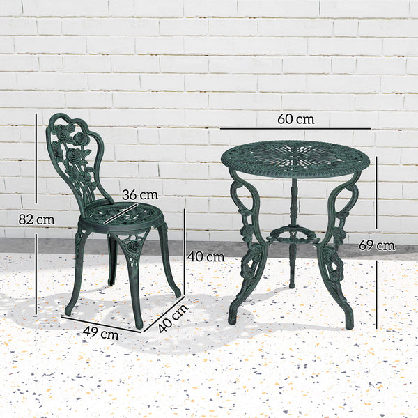 Ensemble Salon de Jardin 2 Places 2 chaises + Table Ronde Style néo-rétro Motif Rose Lignes fuselées Fonte d'aluminium Vert Vieilli