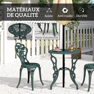 Ensemble Salon de Jardin 2 Places 2 chaises + Table Ronde Style néo-rétro Motif Rose Lignes fuselées Fonte d'aluminium Vert Vieilli