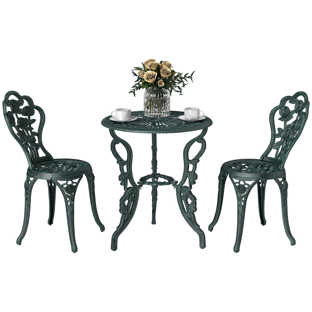 Ensemble Salon de Jardin 2 Places 2 chaises + Table Ronde Style néo-rétro Motif Rose Lignes fuselées Fonte d'aluminium Vert Vieilli