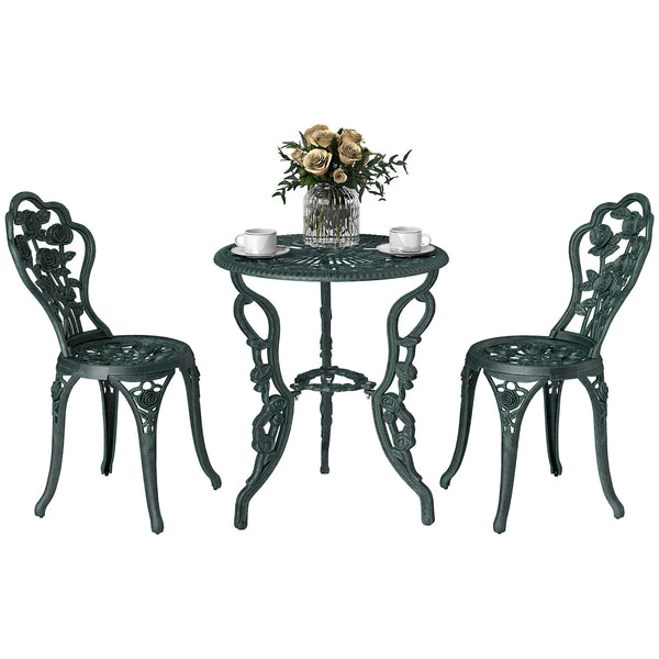 Ensemble Salon de Jardin 2 Places 2 chaises + Table Ronde Style néo-rétro Motif Rose Lignes fuselées Fonte d'aluminium Vert Vieilli