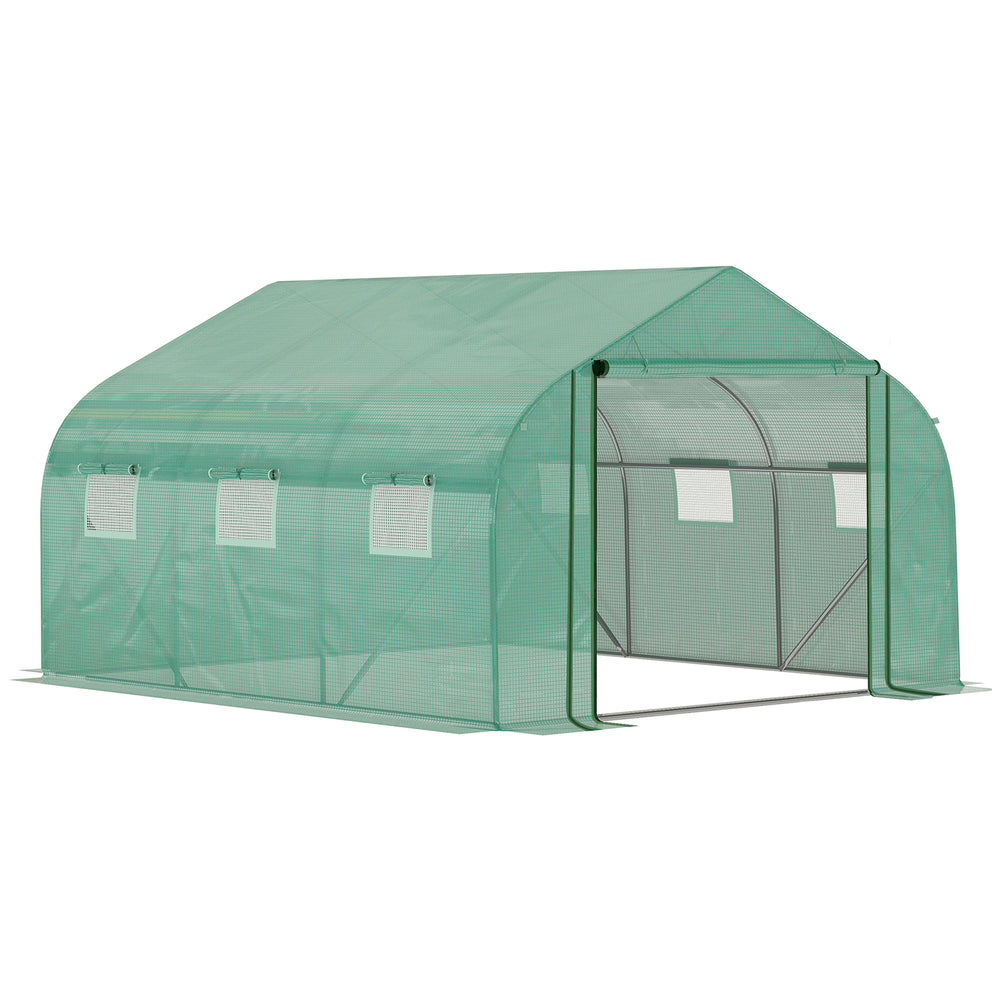 Serre Tunnel de Jardin Grande 3.5 x 3 x 2 m - 6 fenêtres et Porte zippée Enroulable - Acier galvanisé PE Haute densité Vert